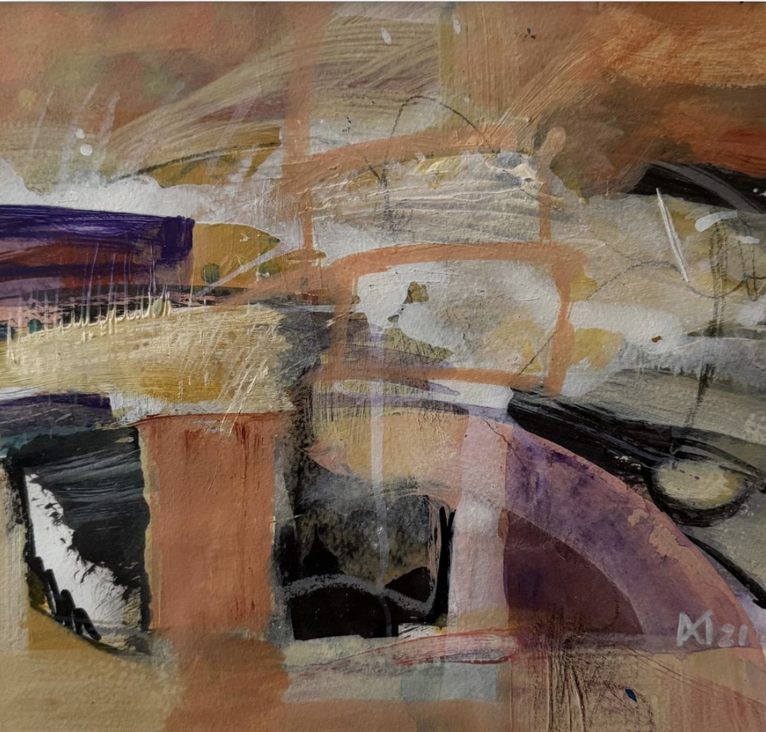 Evening - The soft colours and light of winter evenings where there is a quiet stillness in the light. Acrylic on Paper 40 x 38.5 cm
