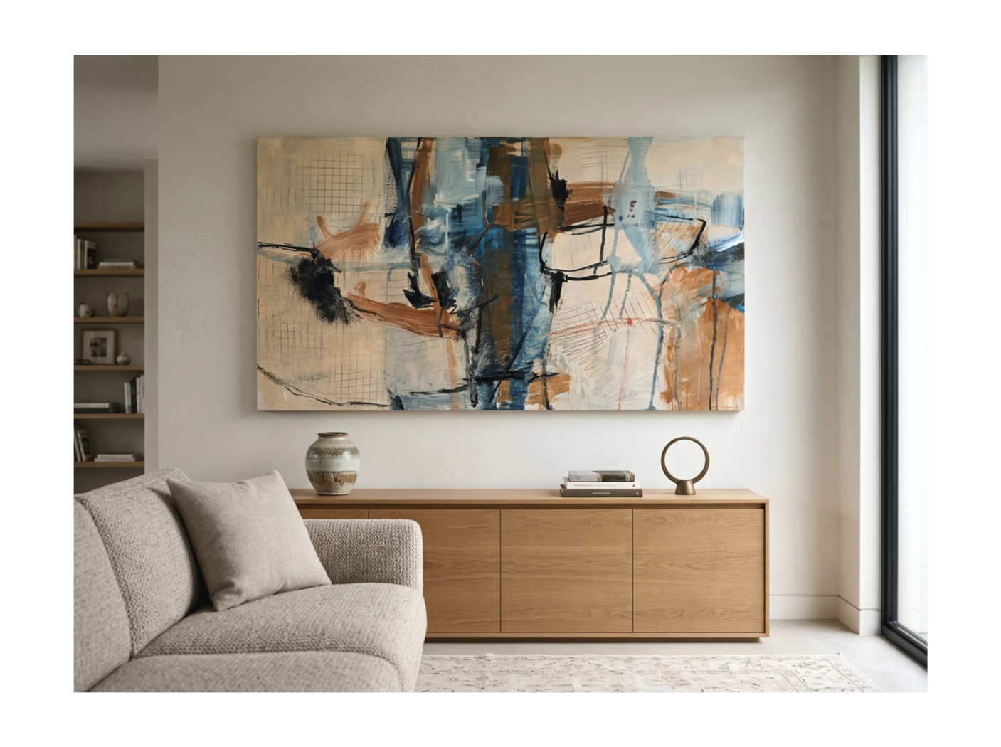 Modern living room with a light-colored sofa, a wooden sideboard, abstract artwork on the wall, and large glass window.