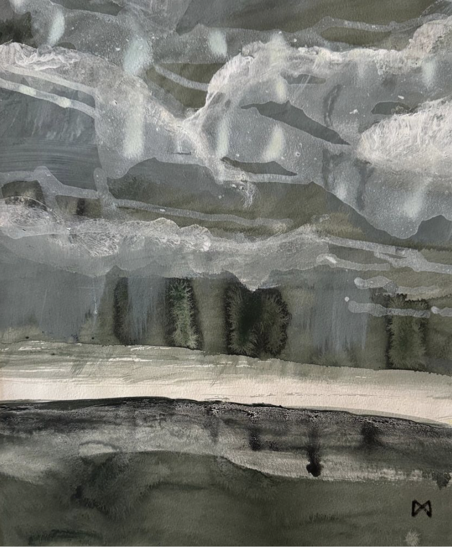 Wet Days 1 -Wet washes of paint echo the arrival of the wet when the horizon softens under sheets of water.  Acrylic on Paper 40 x 34 cm. 
