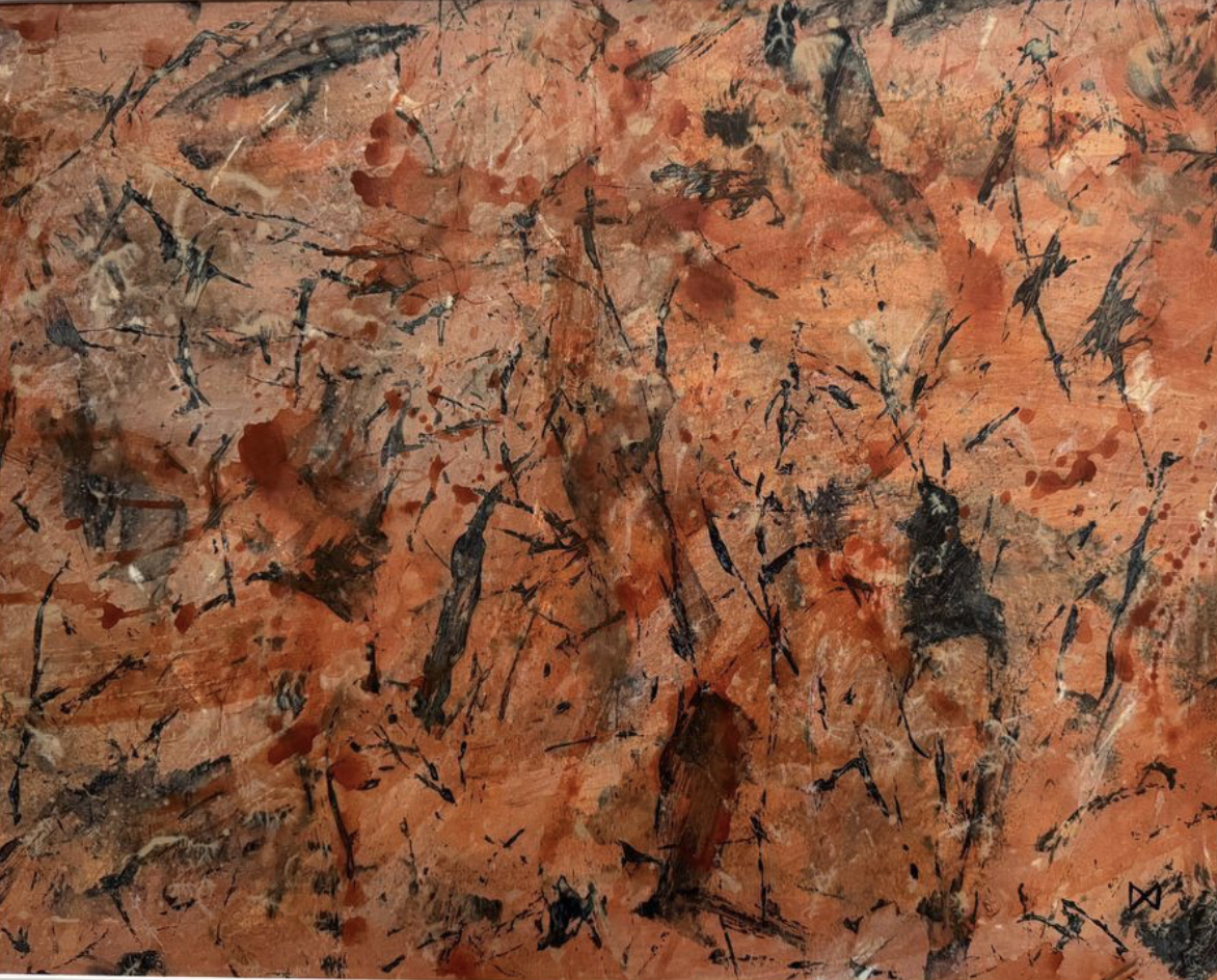 Earth Signs - An exploration of red earth  surfaces where twigs, leaves, bark and stones are reminiscent of a written language. Mixed media on paper - 79 x 68 cm