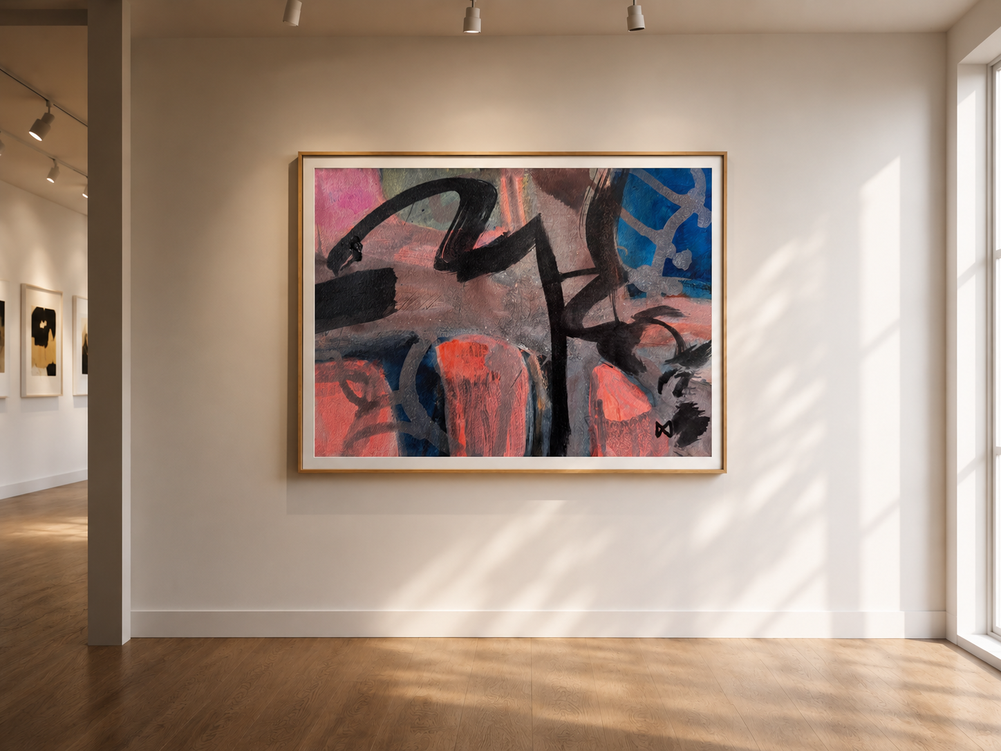 An abstract painting with black, blue, pink, and gray brushstrokes hanging on a white gallery wall, lit by ceiling spotlights in a modern art museum.