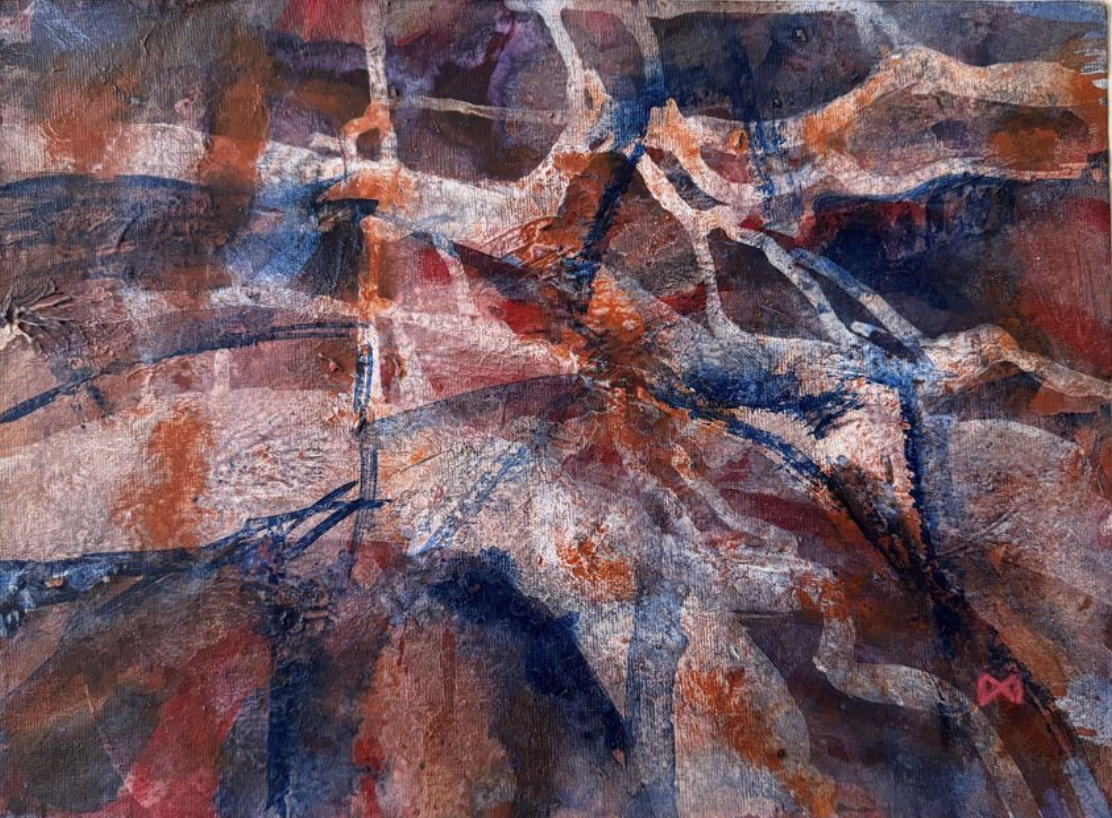 River Flows - Rivers and tributaries are swollen after rain when the water spreads out across the land as the flows renew us and the land. Acrylic on paper 38 x 28 cm