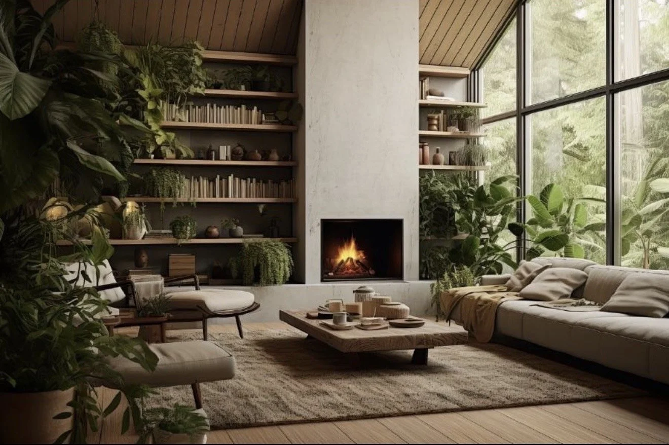 A cozy living room with a modern fireplace, surrounded by built-in shelves filled with books and decorative items, large windows with lush greenery outside, and comfortable seating with cushions and a wooden table in the center.