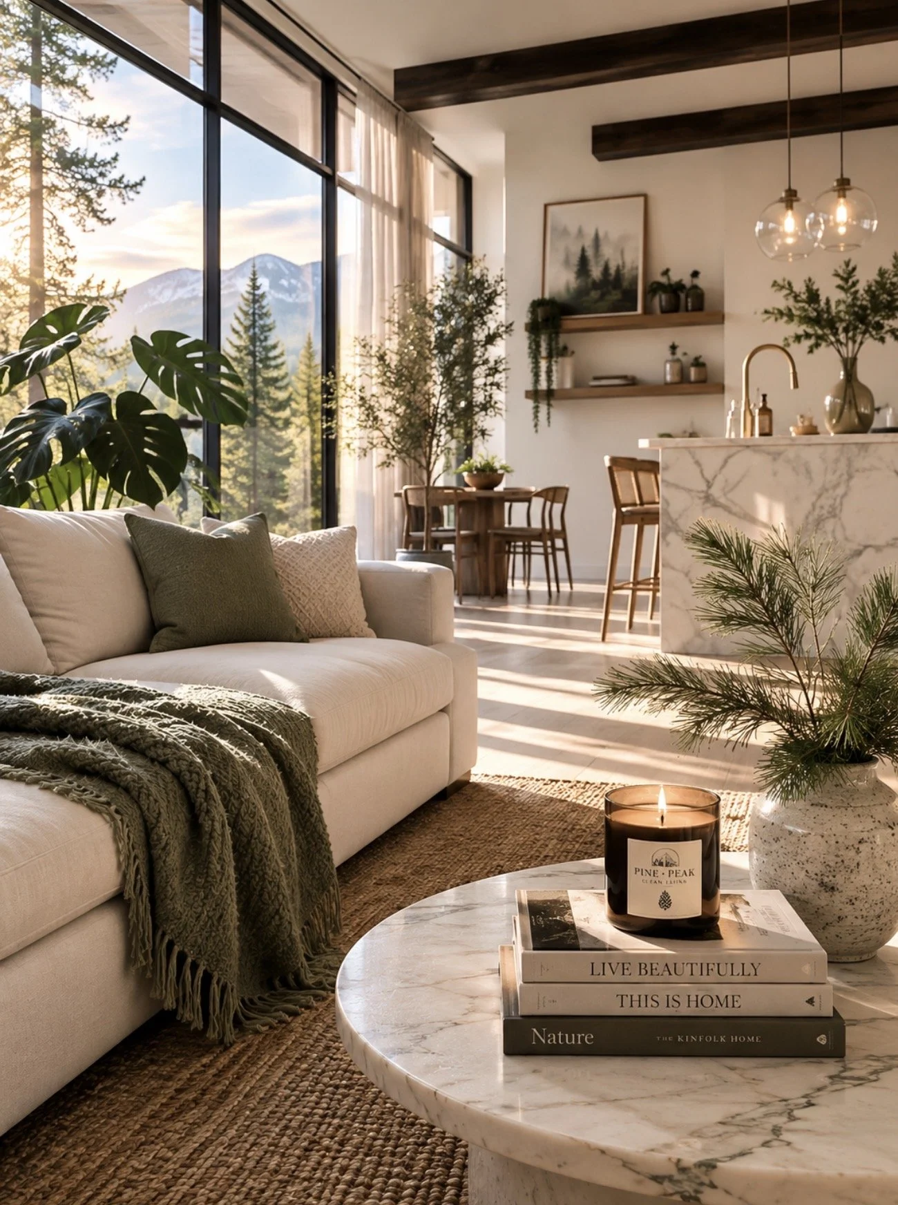 Living room with large window showing mountains and trees. Contains cream sofa with pillows, green throw blanket, marble coffee table with books and candle, indoor plants, wooden dining table with chairs, pendant lights, and minimalist decor.