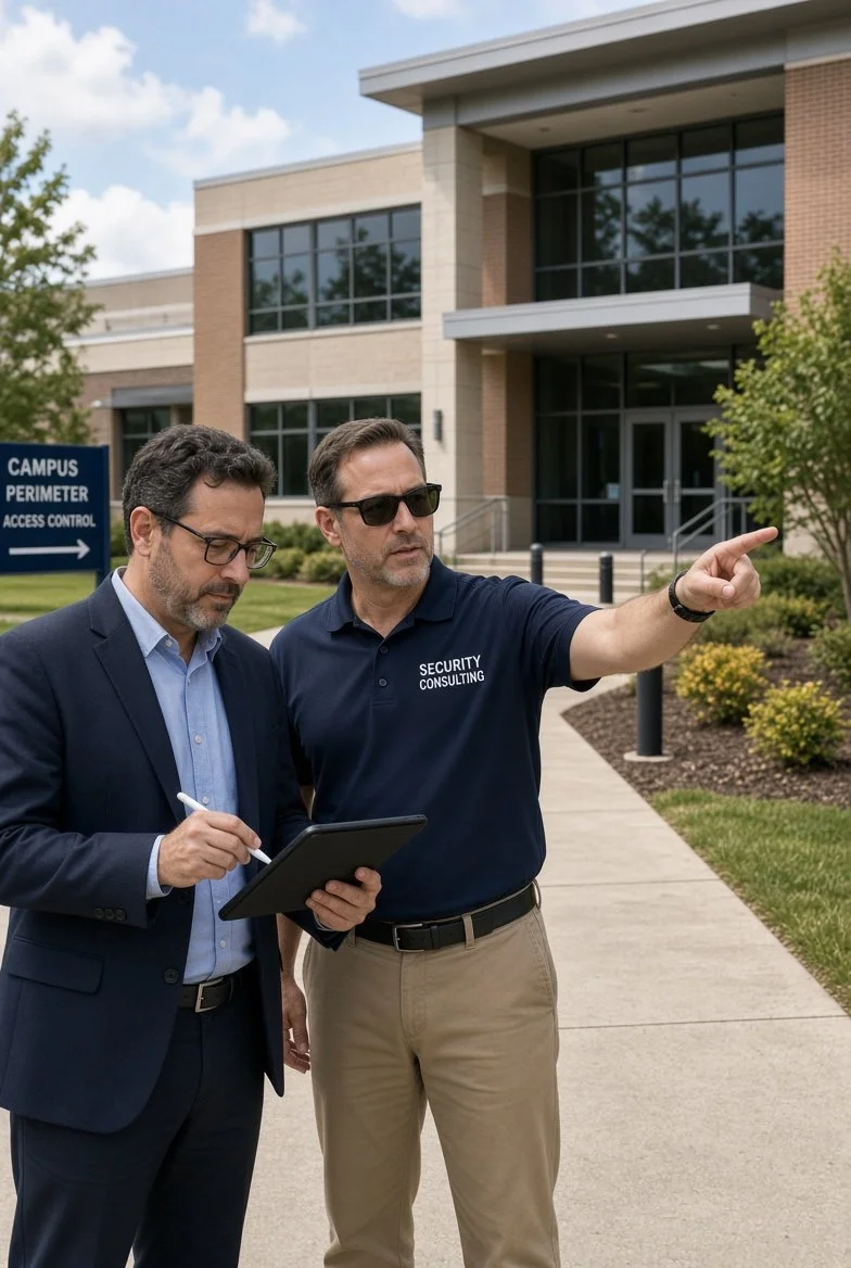 Two security consultants are outdoors in front of a modern building. One man in a suit is writing on a tablet, while the other, wearing a navy polo shirt that says 'SECURITY CONSULTING,' points towards the building.