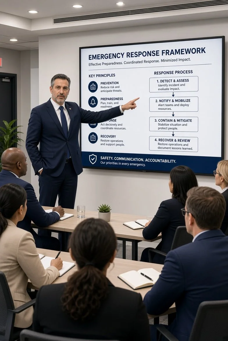 A Prepared Response Advisor consultant guides an executive committee through an active shooter tabletop exercise and prepares the various stakeholders for a follow-on emergency preparedness training for their school, church, or office.