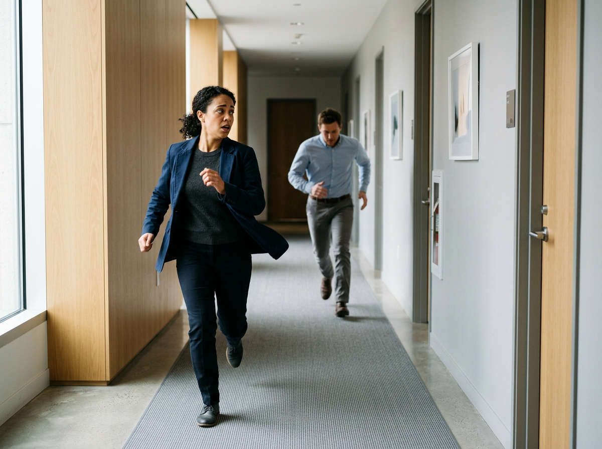 A woman in a navy blazer and gray sweater running down a hallway, looking surprised or concerned, with a man in a light blue shirt chasing behind her.