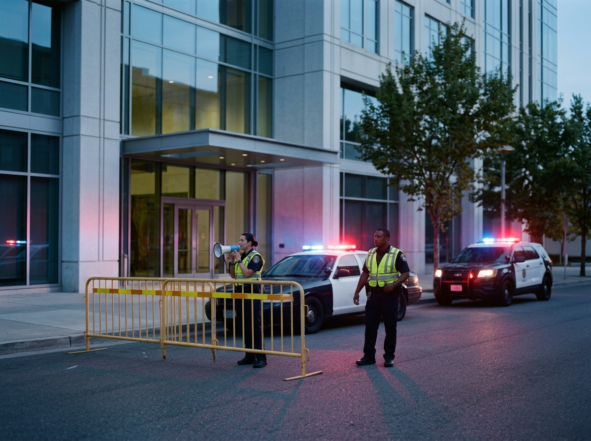 Two police officers responding to an active shooter workplace violence crime scene. Police response to active shooter events is often slower than needed to save lives.  Through active planning and training, we seek to avoid these types of events.