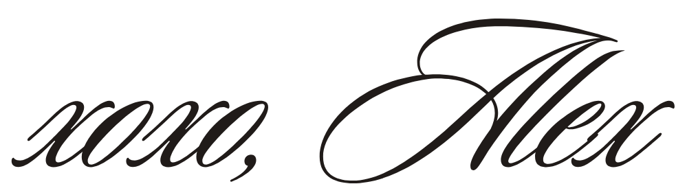 Elegant black background with cursive gold text reading 'xoxo, Alex'.