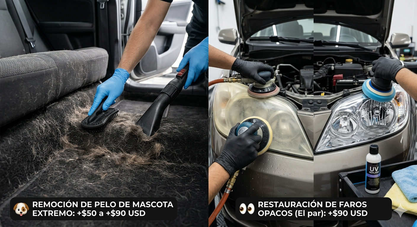 Imágenes divididas en dos, en la izquierda persona limpiando la alfombra de un automóvil con una aspiradora y cepillo, en la derecha persona encargando faros opacos de un coche con una máquina de pulido