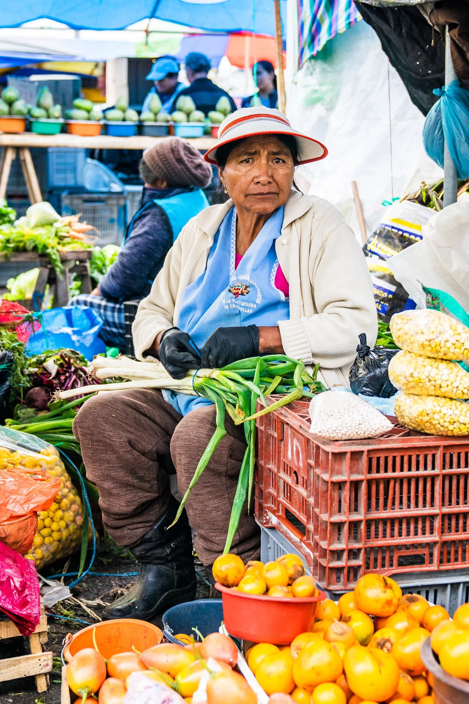 A woman at an outdoor market stall selling tomatoes, surrounded by other vegetables and produce with people and colorful umbrellas in the background.