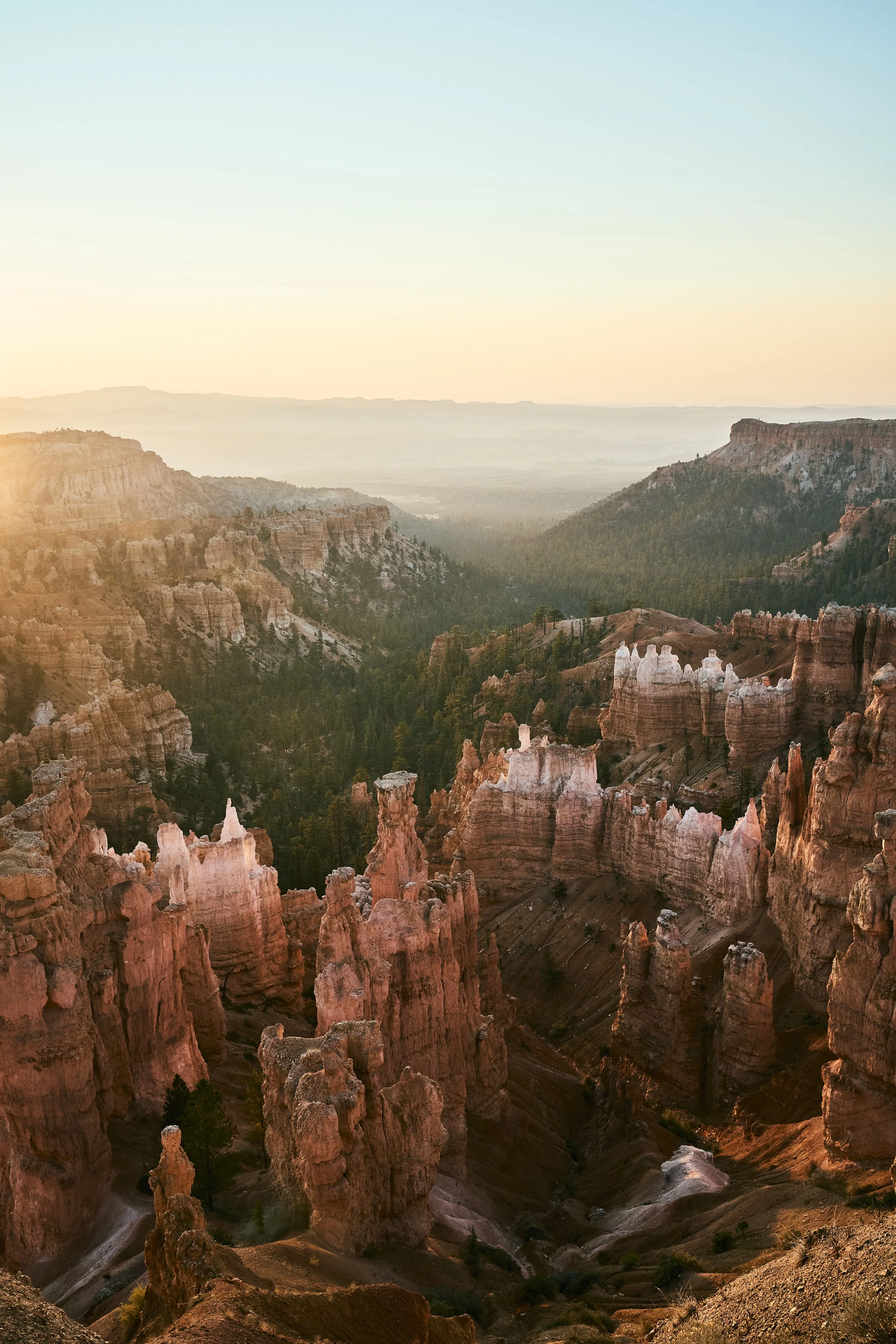 A panoramic view of the Grand Canyon at sunset, showcasing layered rock formations, cliffs, and a deep canyon with sparse vegetation.