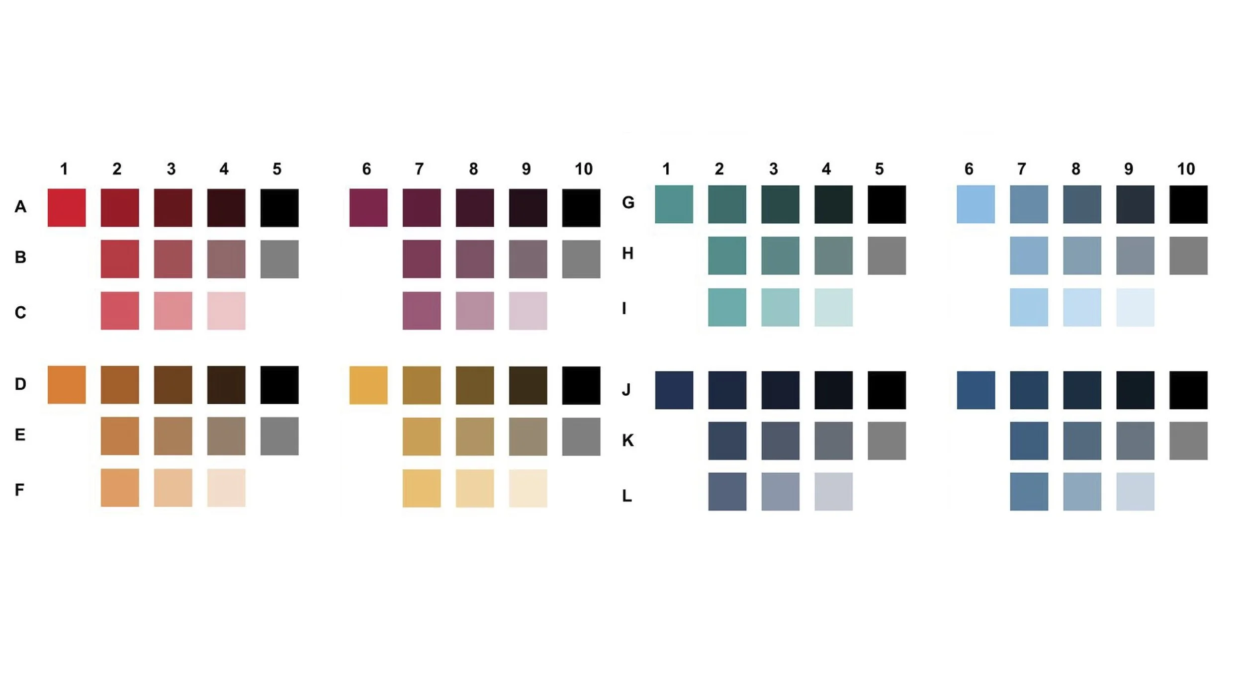 Colors are based on the printed booklet and 
then tints with black, grey, and white are mixed. 

