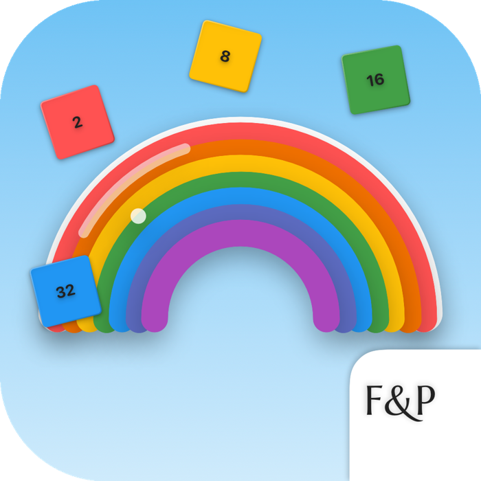 A colorful rainbow with six bands in red, orange, yellow, green, blue, and purple. Six number blocks in red, yellow, green, blue, and orange are floating above the rainbow, displaying the numbers 2, 8, 16, and 32. The background is light blue. The bottom right corner has a white shape with black text that says "F&P."