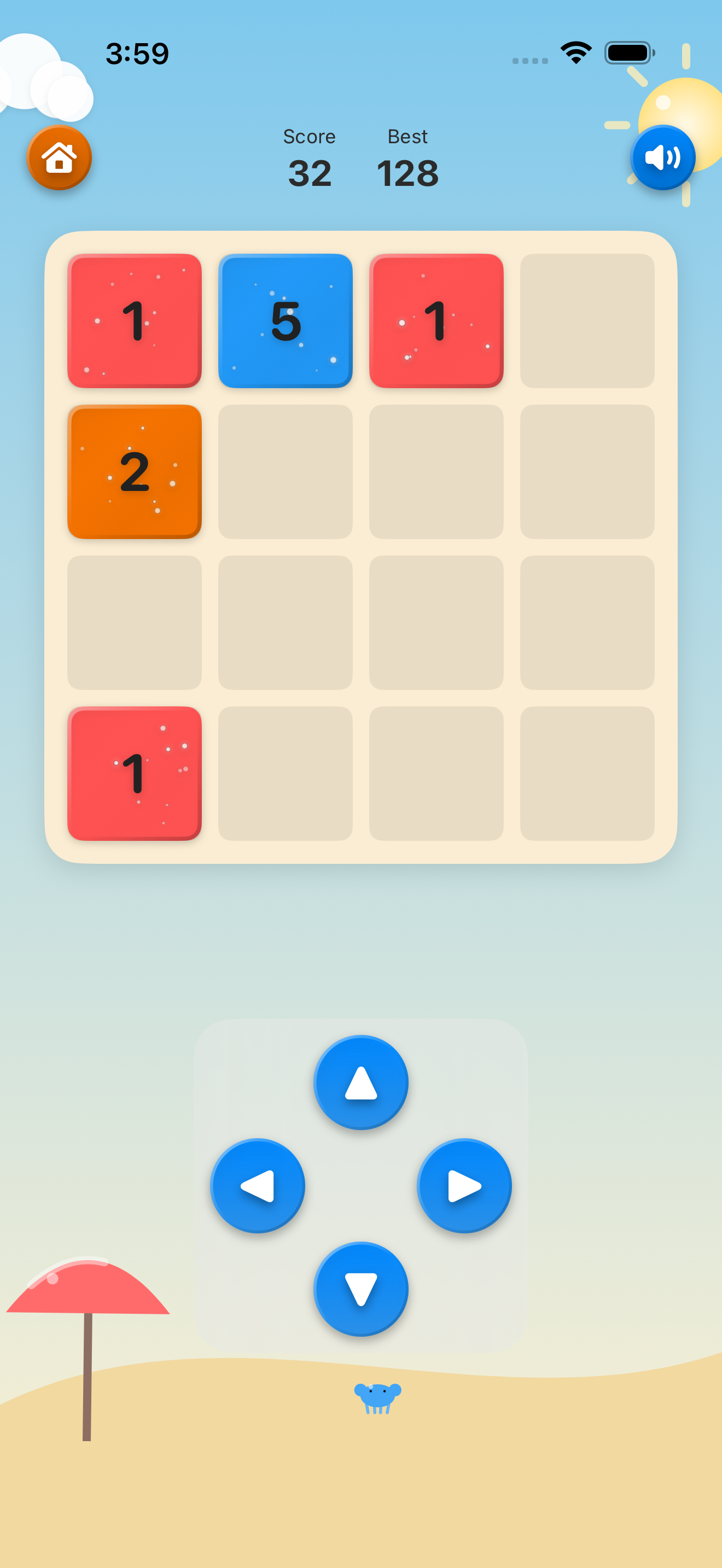 Mobile screen showing a puzzle game with numbered tiles on a grid, colorful background with a sun and clouds, game controls below, and beach scenery at the bottom.