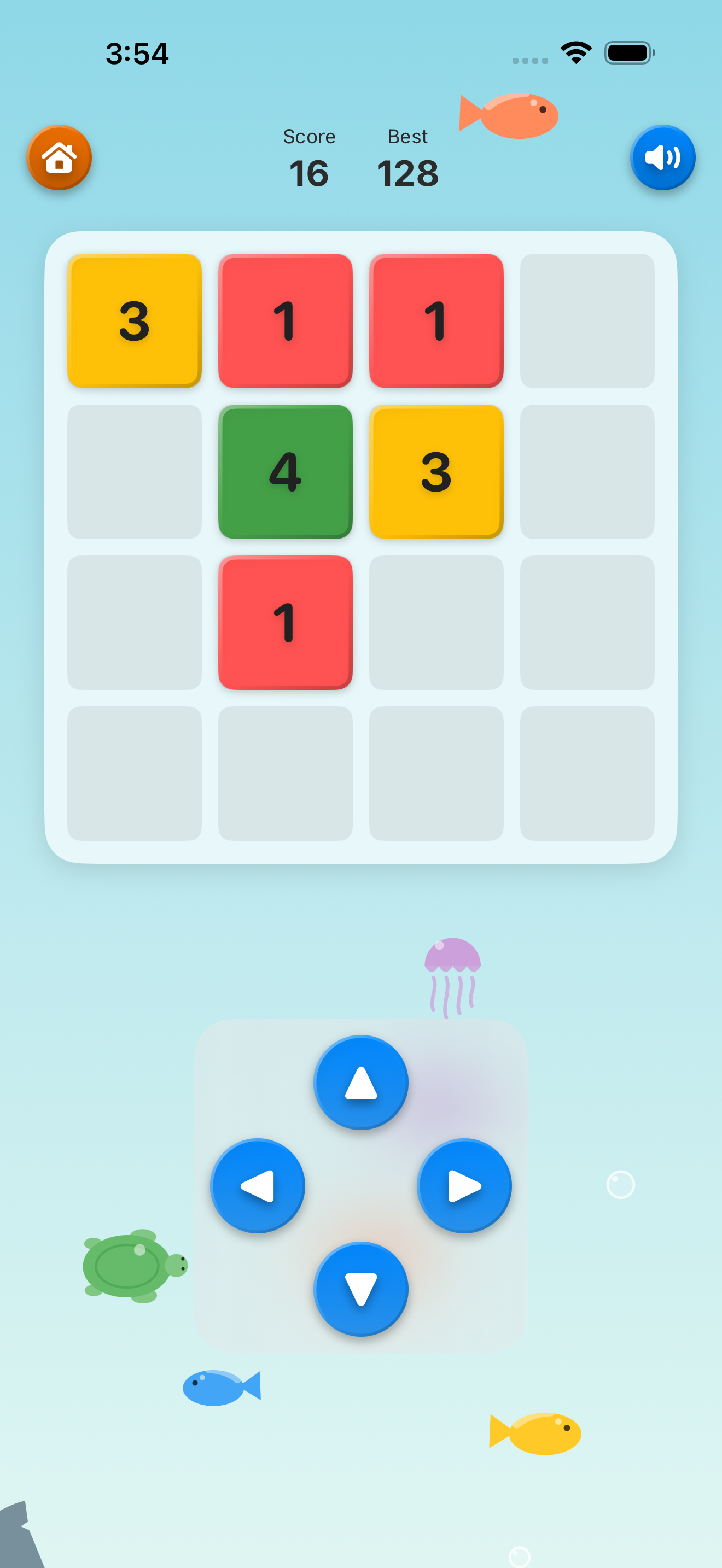 Screenshot of a mobile game with colorful numbered tiles and fish-themed user interface elements. The game displays a score of 16 with a high score of 128. There are fish graphics and control buttons for navigation and action.