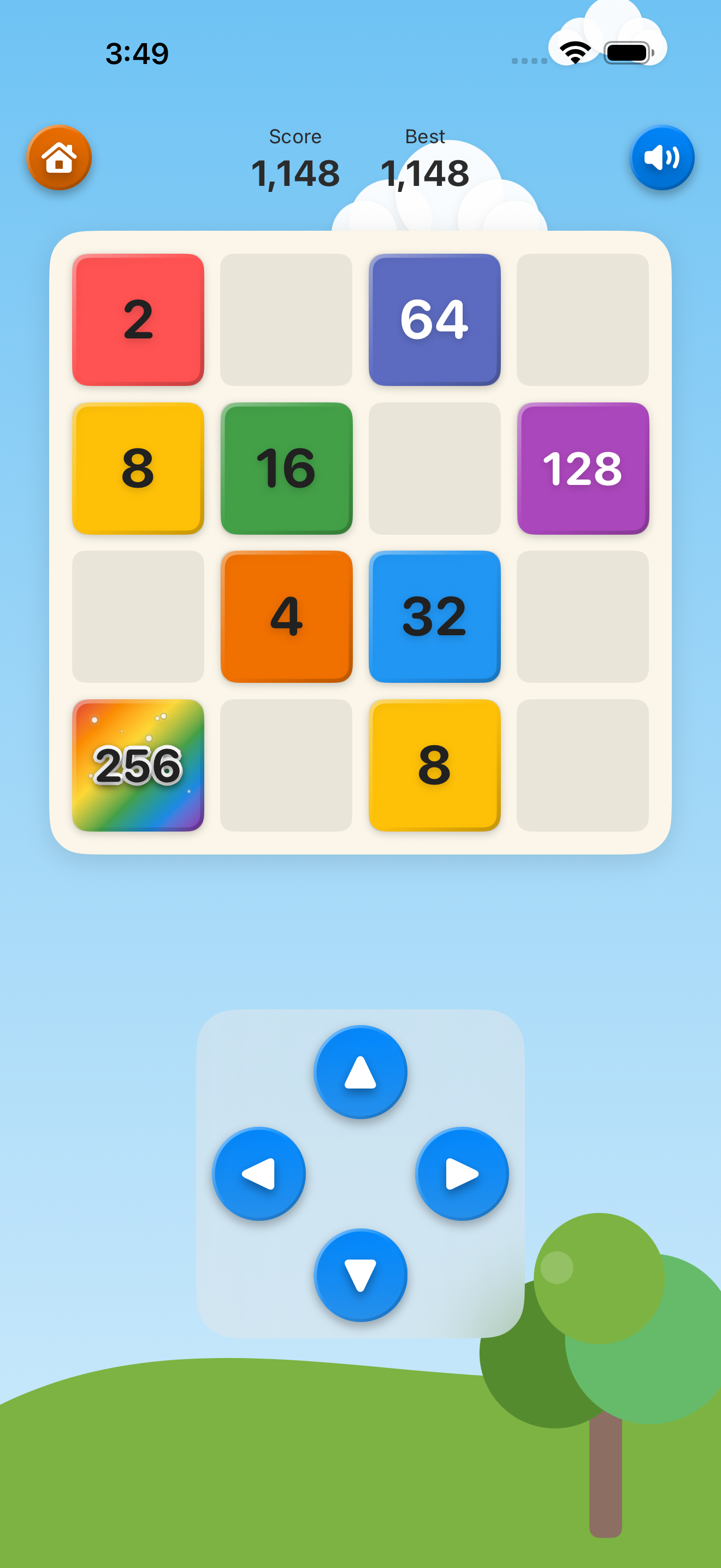 Mobile game screen with colorful numbered blocks on a grid, including blocks labeled 2, 64, 8, 16, 128, 4, 32, 8, and a rainbow-colored block with 256. Blue arrow buttons for control, a background of a blue sky with a green hill and a tree, and game score displayed as 1,148.