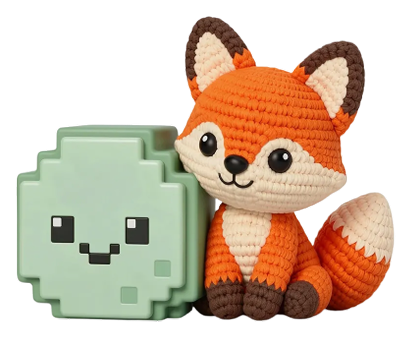 A crochet plush fox toy sitting next to a pixel art-style green ice cube with a smiling face.