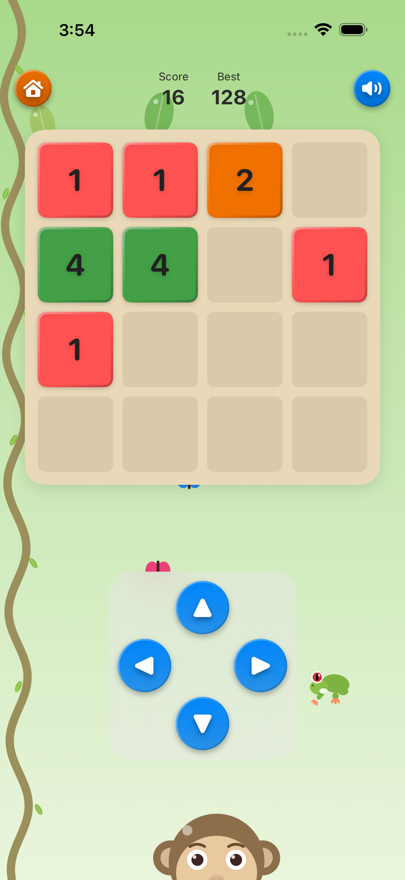 Screenshot of a mobile puzzle game interface with colored tiles numbered 1, 2, and 4, and game controls including blue arrow buttons, set in a green playful background with animal and nature elements.