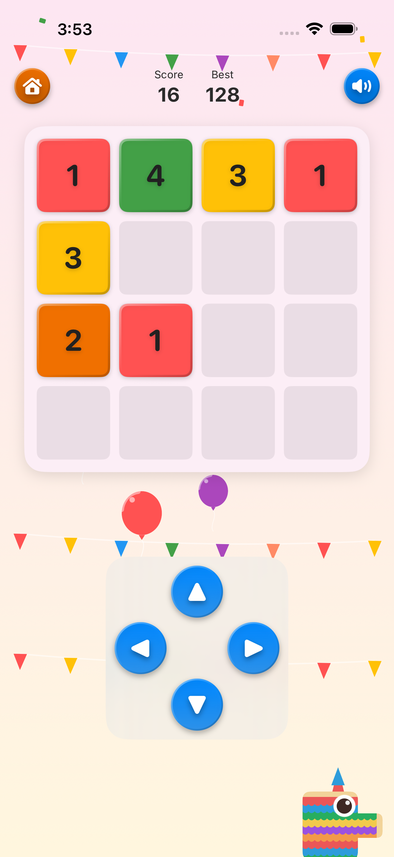Colorful picture puzzle game with numbered tiles, a virtual joystick, balloons, and festive bunting decorations.