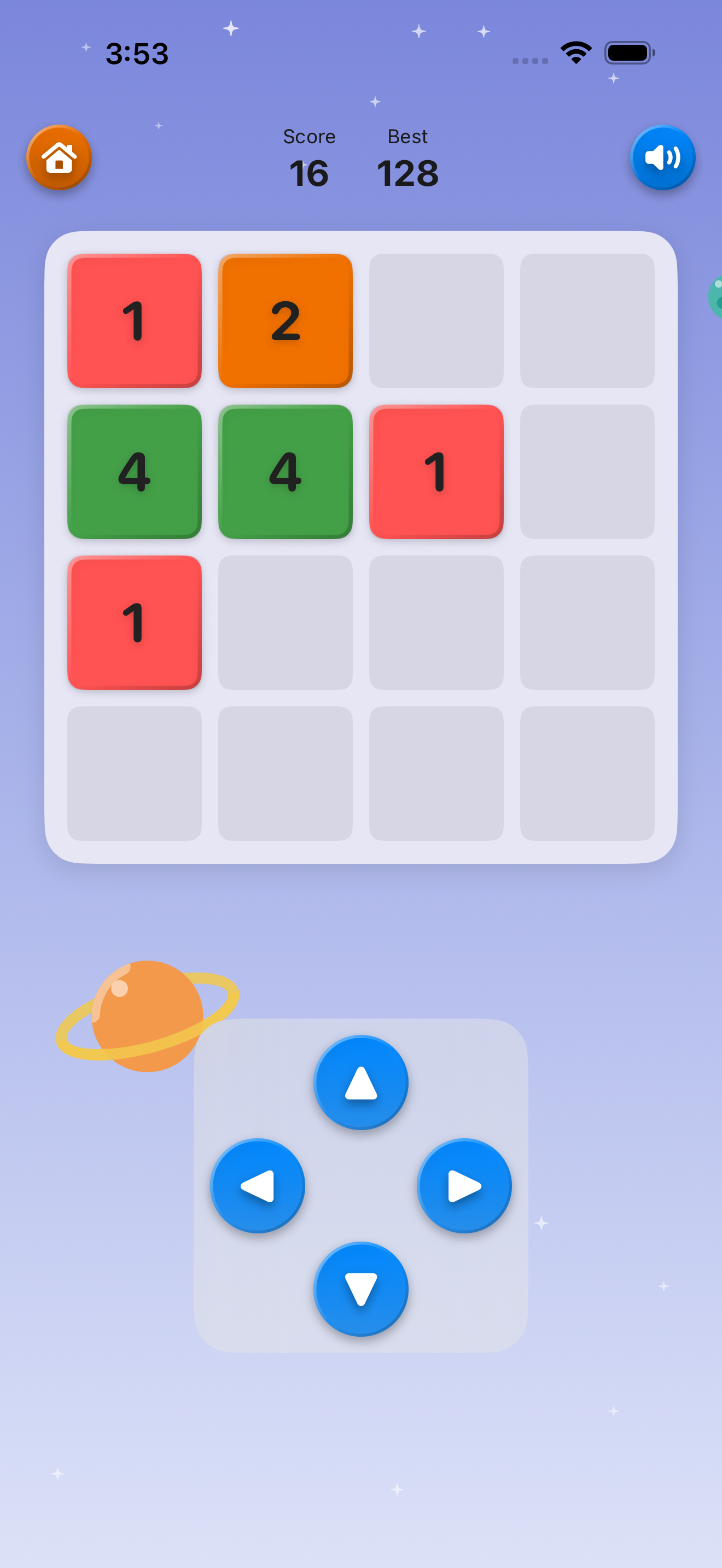 Screenshot of a mobile puzzle game with colored numbered tiles on a 4x4 grid, score and best score displayed at the top, a home icon and a speaker icon, a planet graphic with orbit, and a directional control pad at the bottom.