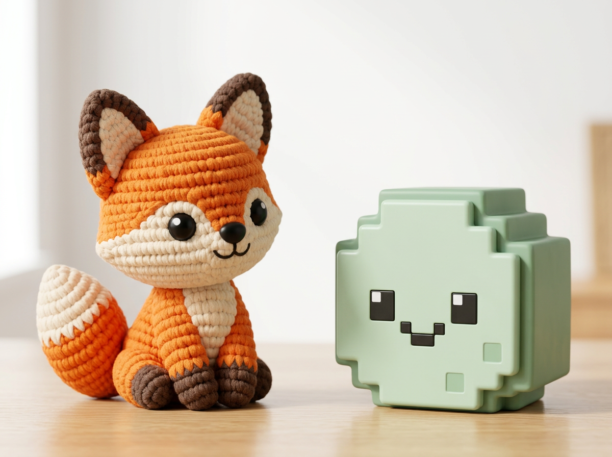 A cute crocheted fox toy sits next to a pixel art-style green cactus-shaped storage box with a smiling face on a light-colored wooden surface.