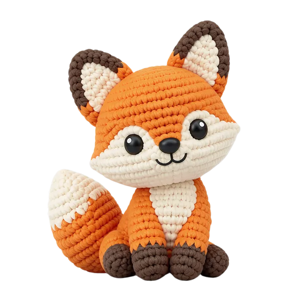 A cute stuffed animal resembling a fox, made of plush, soft, multicolored yarn, with big black eyes, a small nose, and a happy smile, sitting upright.