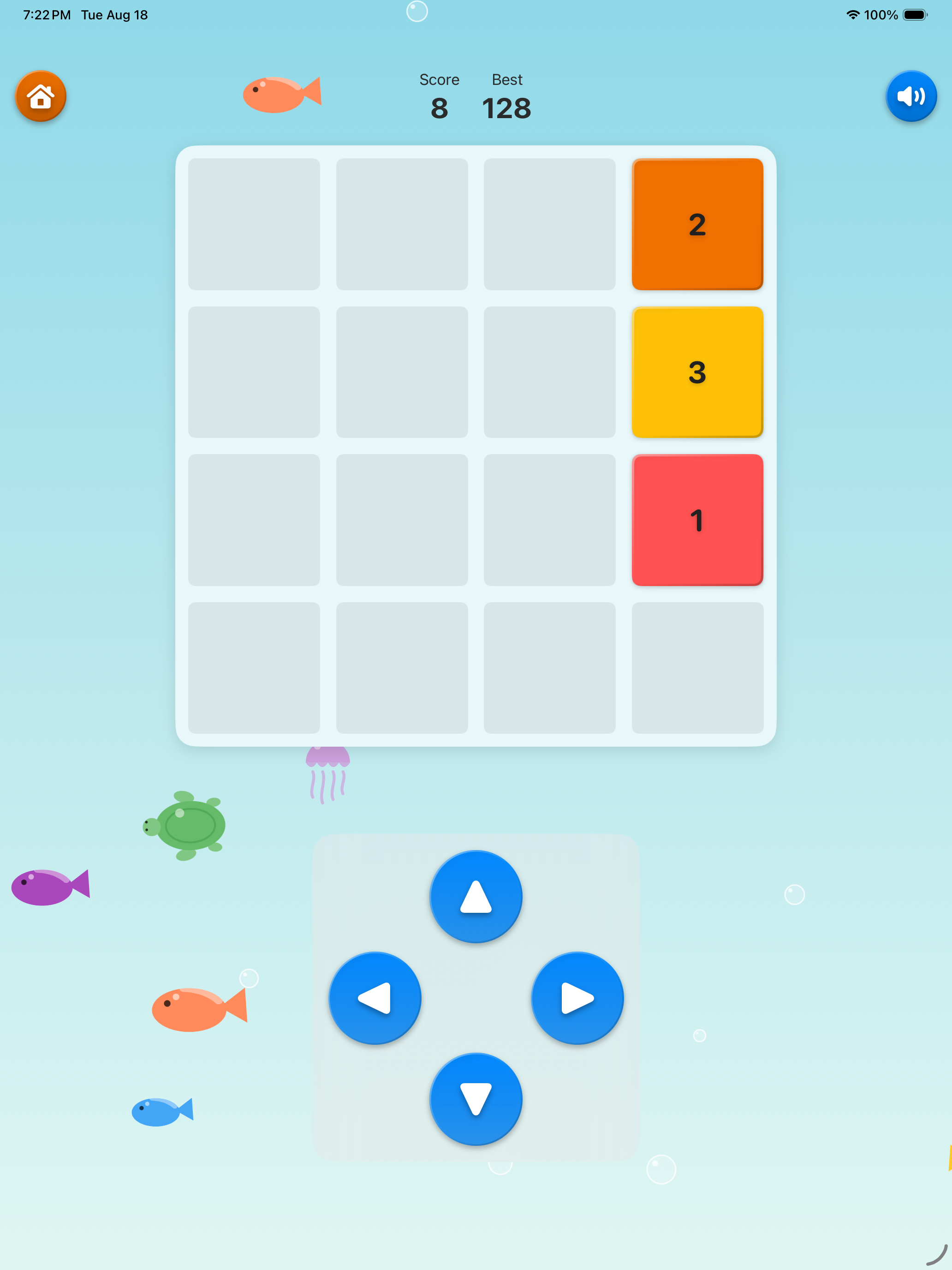 Mobile game screen with a blue underwater theme, fish illustrations, score display, and colorful numbered tiles in a grid. There are blue arrow buttons below.