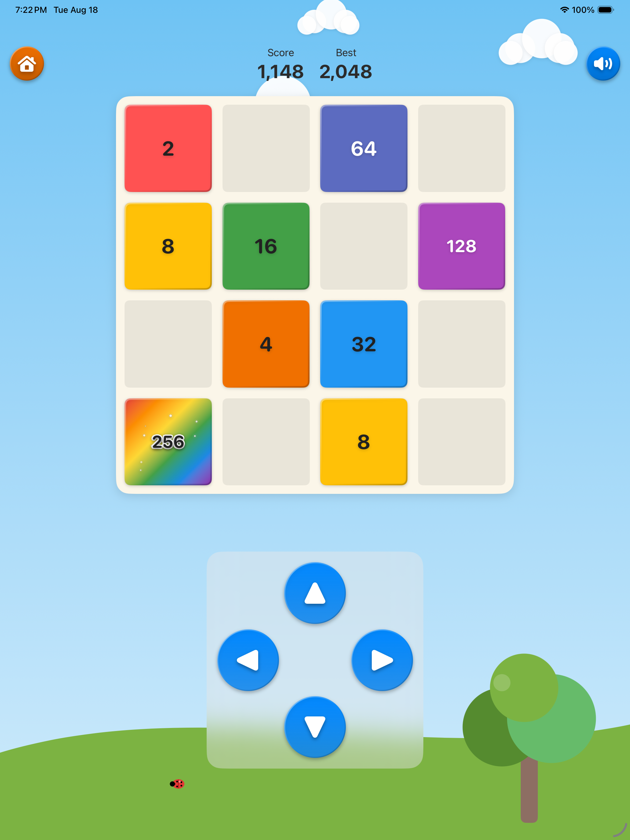 A mobile game screen with a blue sky background, white clouds, and green grass. There are numbered colorful blocks, a ladybug, and a tree, with on-screen controls for gameplay.