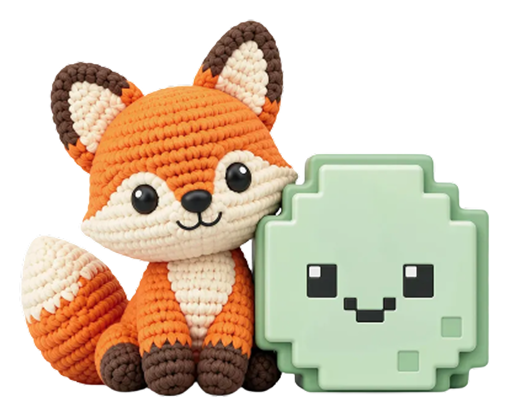 A crocheted fox plush toy and a pixelated video game character figure on a black background.