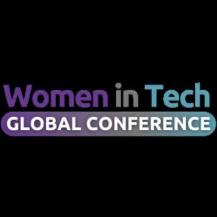 Women in Tech Global Conference logo on a black background with purple, gray, and light blue text.