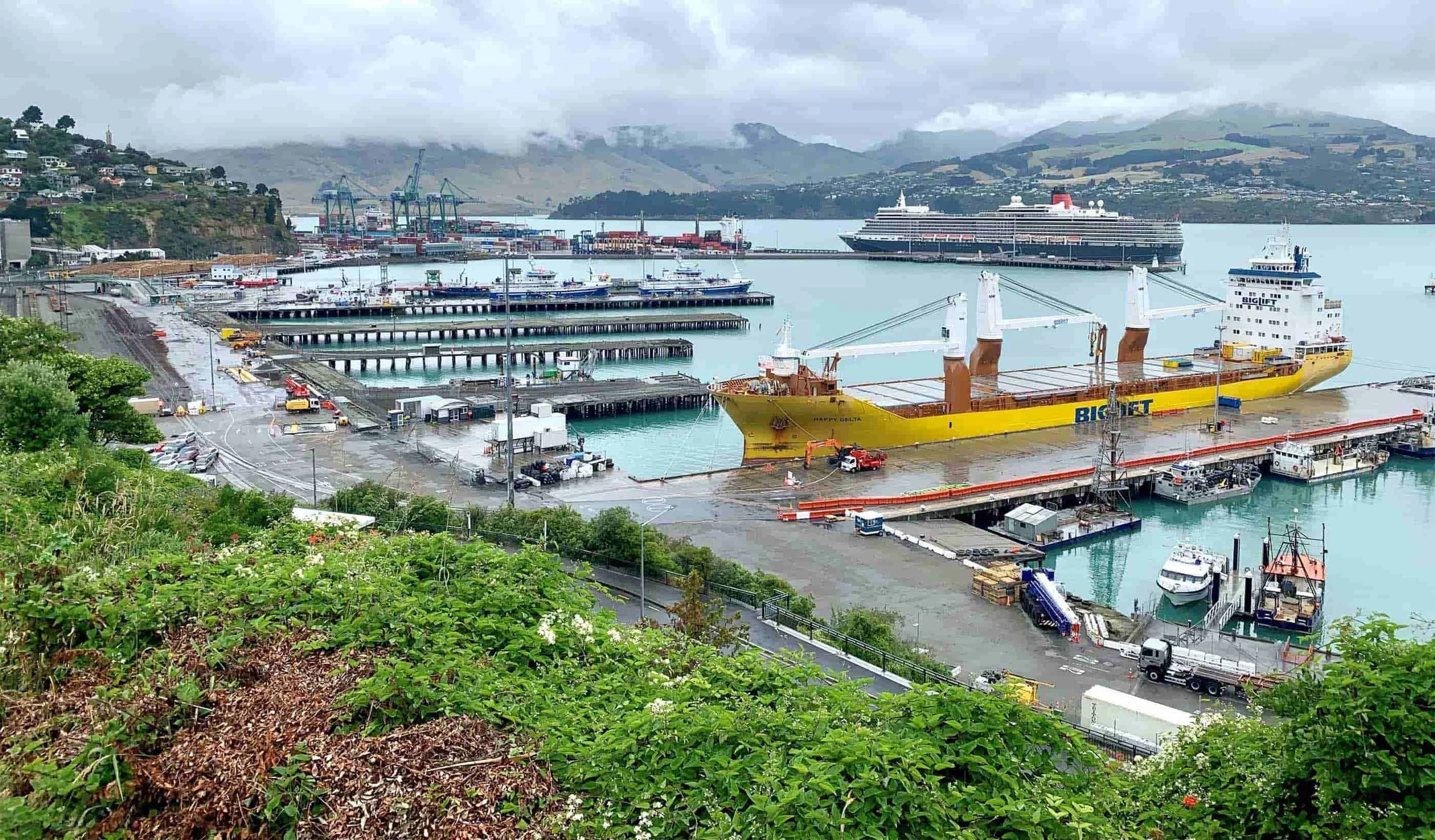 A marina with multiple docks filled with boats, a large yellow ship docked, and a cruise ship in the background. Green hills and cloudy sky over a mountain range are in the distance.