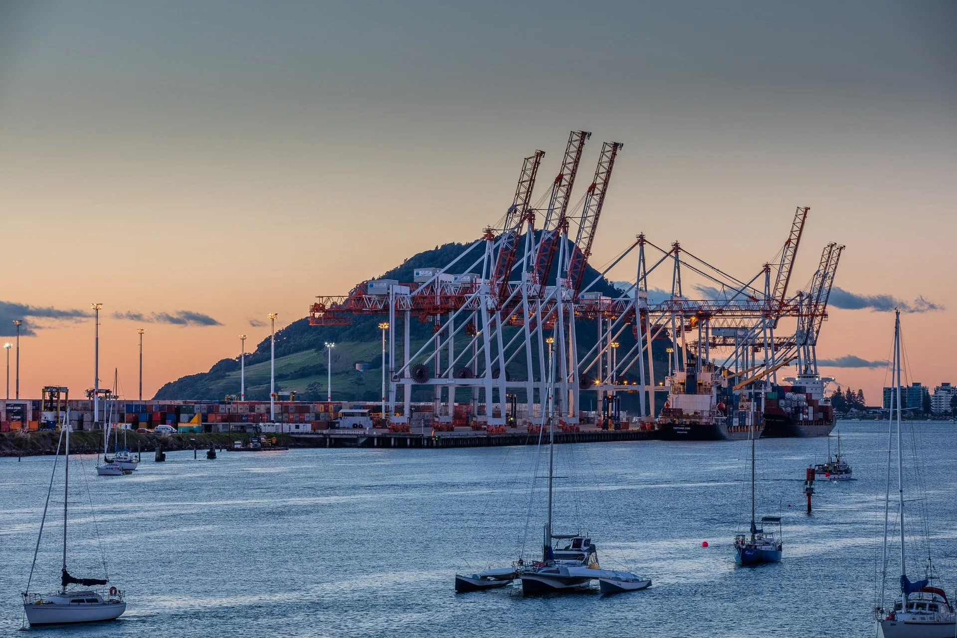 View of a harbor with boats, container cranes, and a hill in the background during sunset.