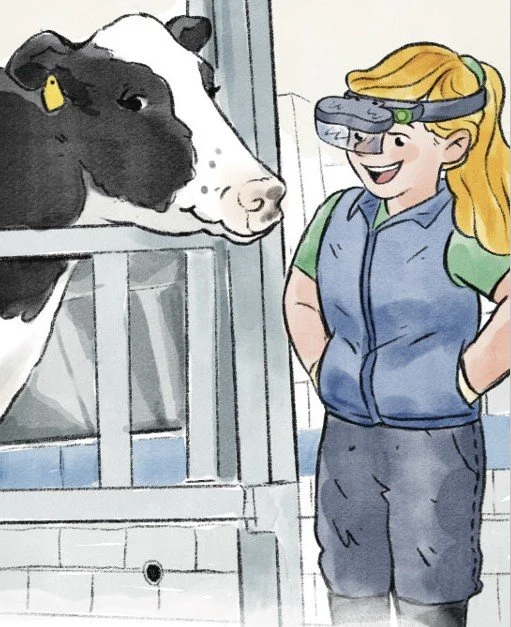 A girl with blonde hair wearing a headlamp and casual clothes smiling and standing next to a cow in a barn.
