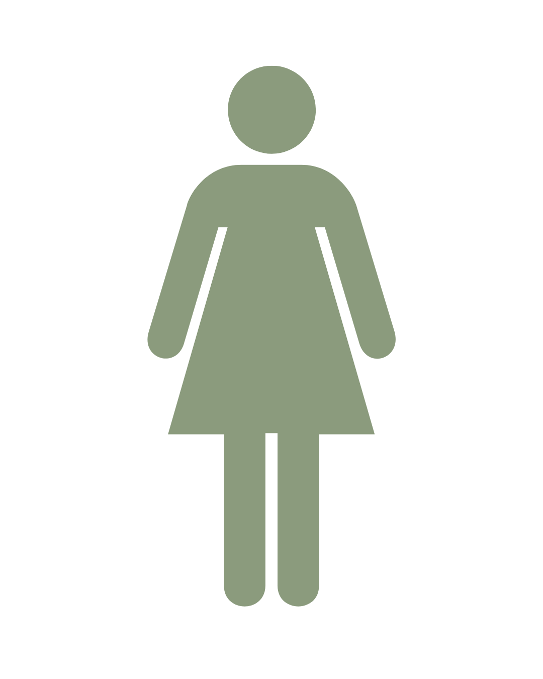 A simple graphic depicting a female restroom sign, featuring a stylized figure of a woman in a dress.