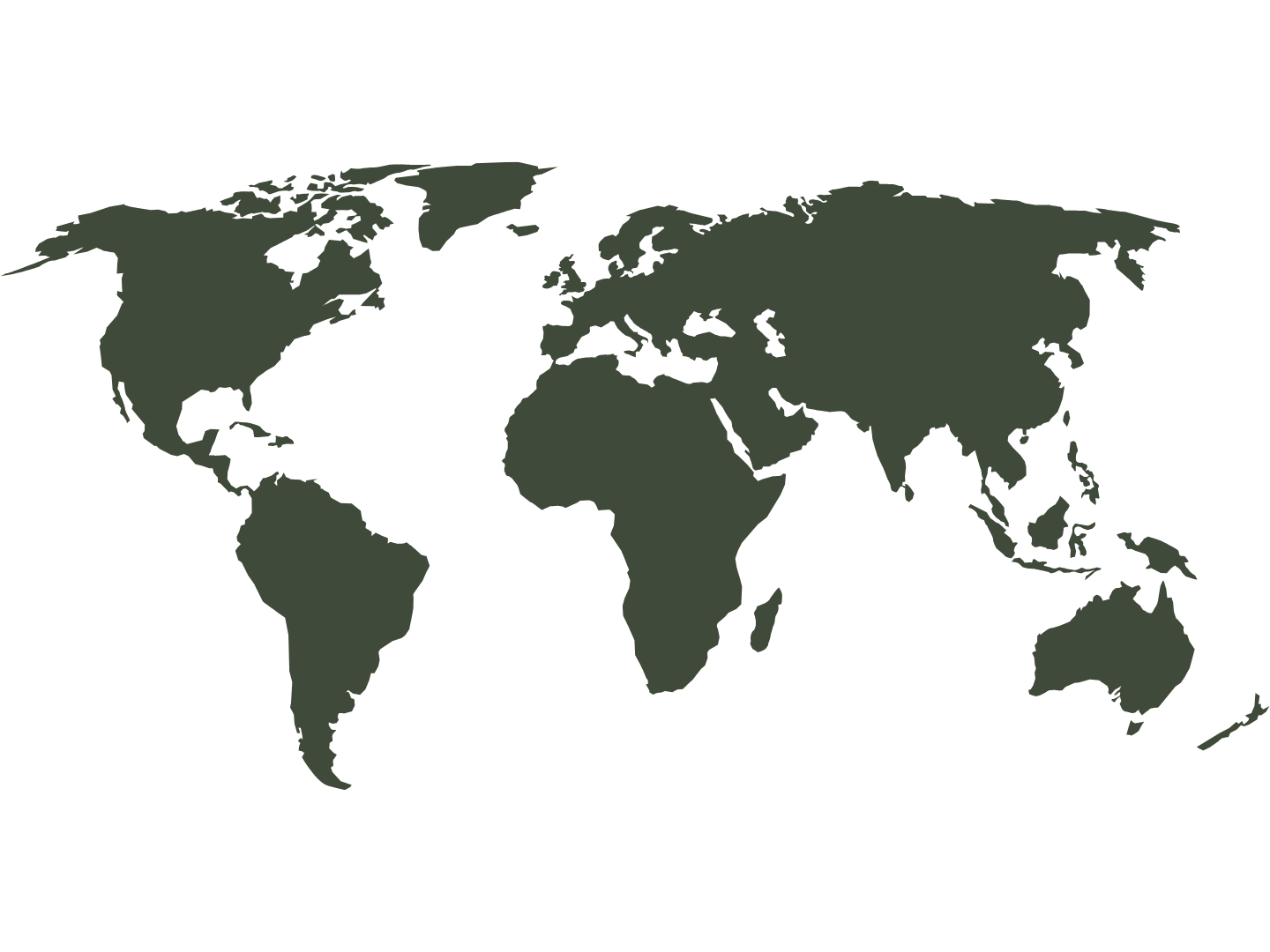 A world map with continents in dark green and oceans in black.