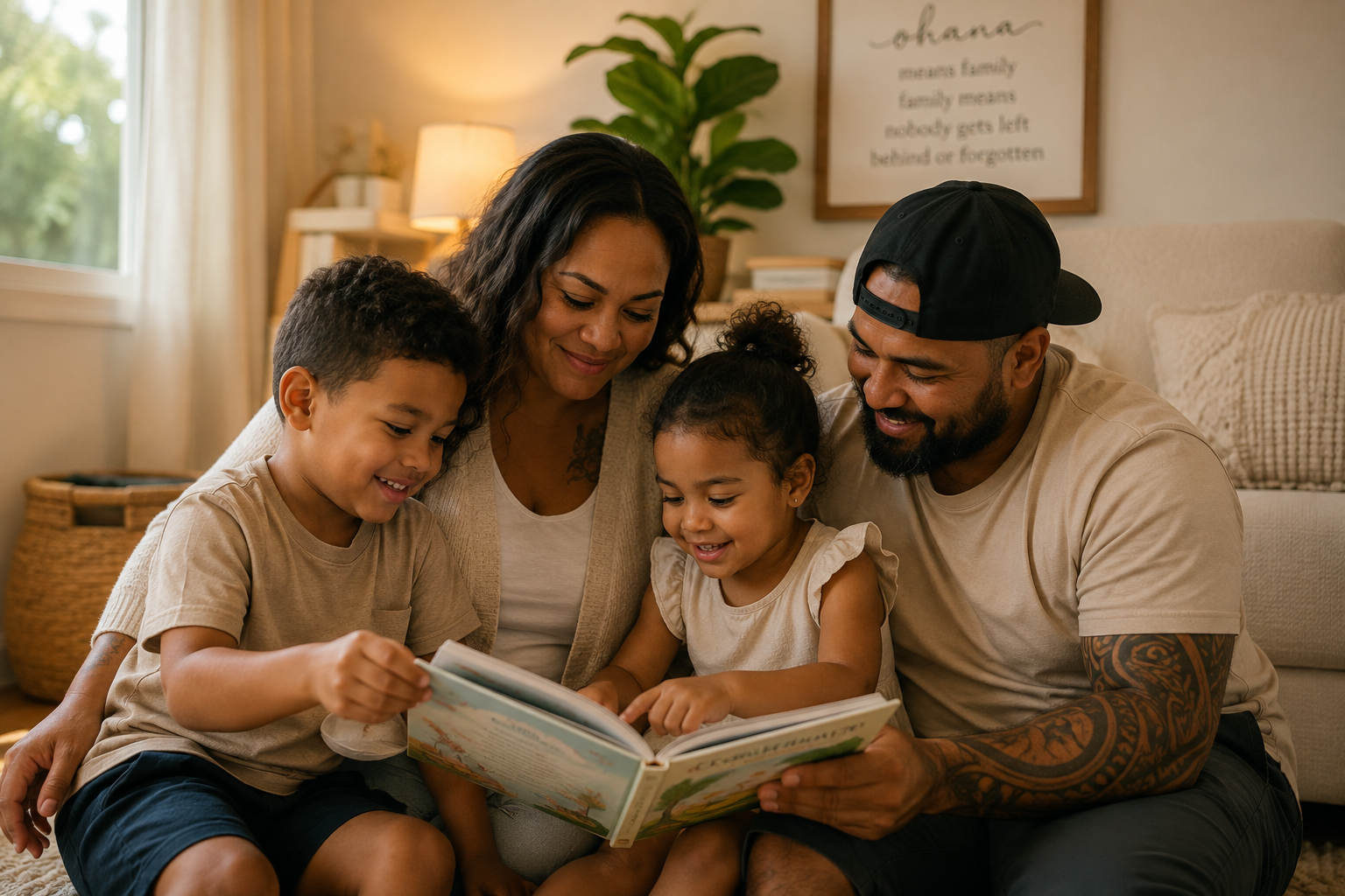 family sitting together reading a book.