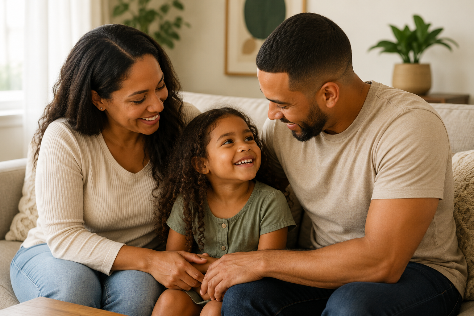 Mother and father spending quality time with their child in a warm family setting.