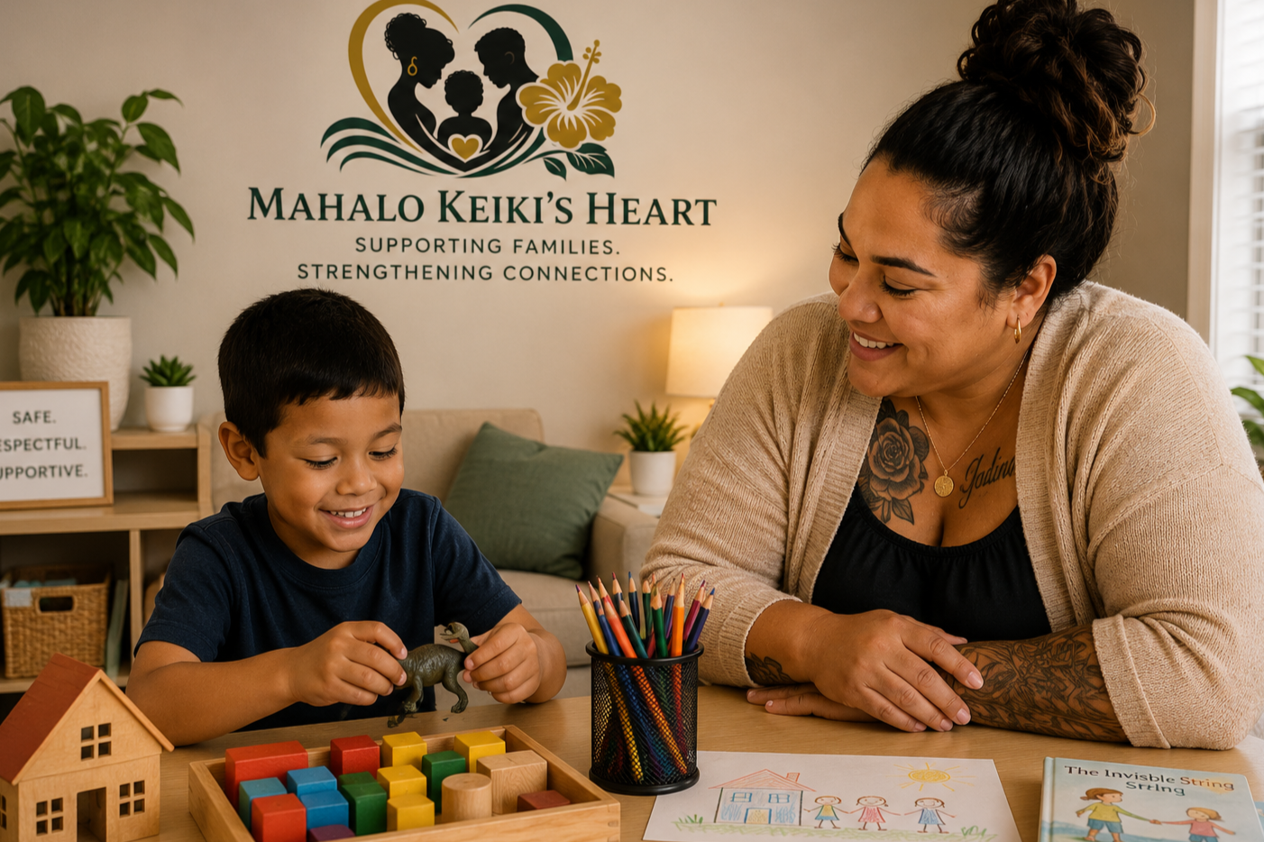 Child and caregiver interacting in a welcoming family setting with Mahalo Keiki's Heart branding.