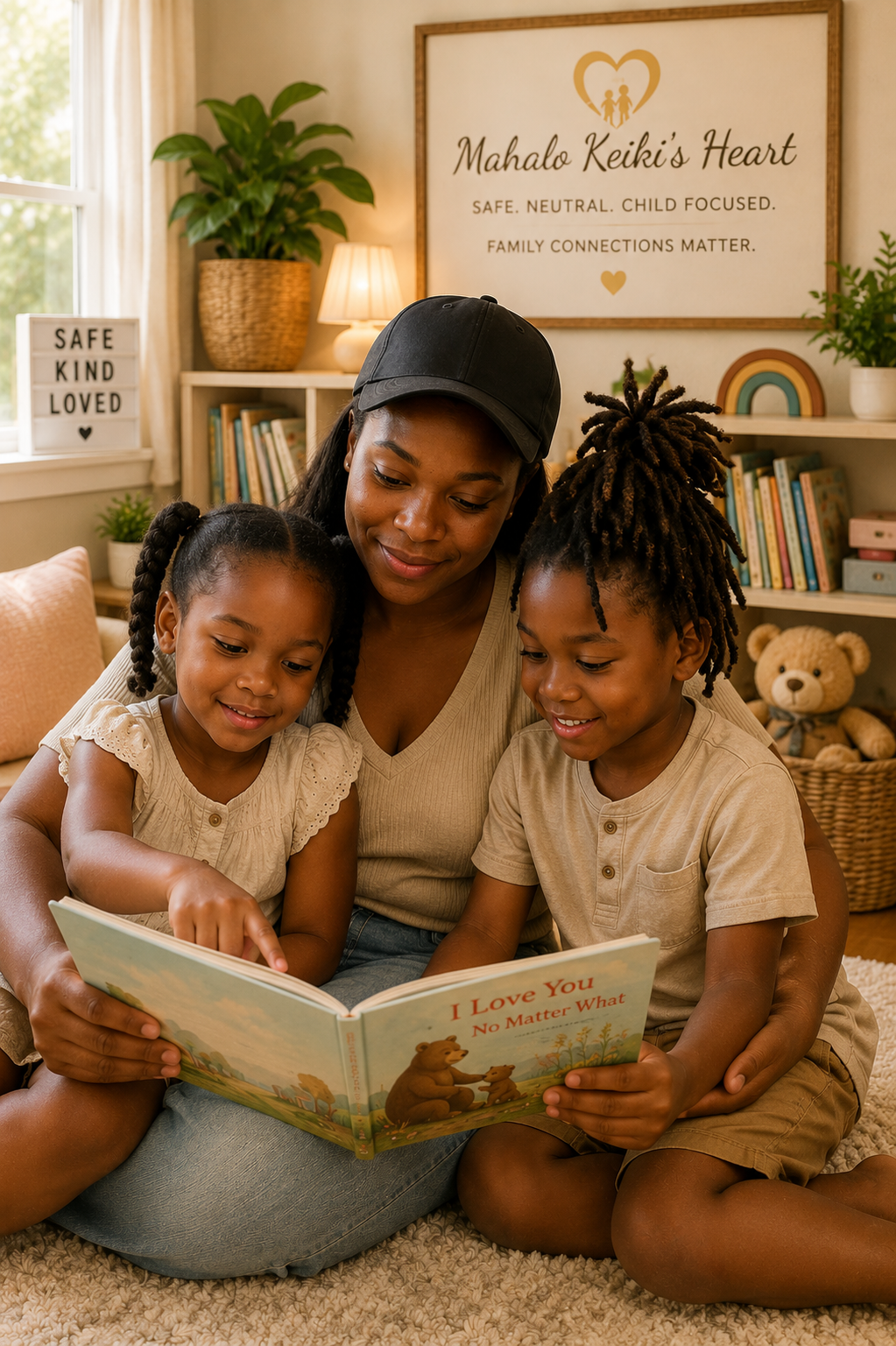 mother reading with the two children.