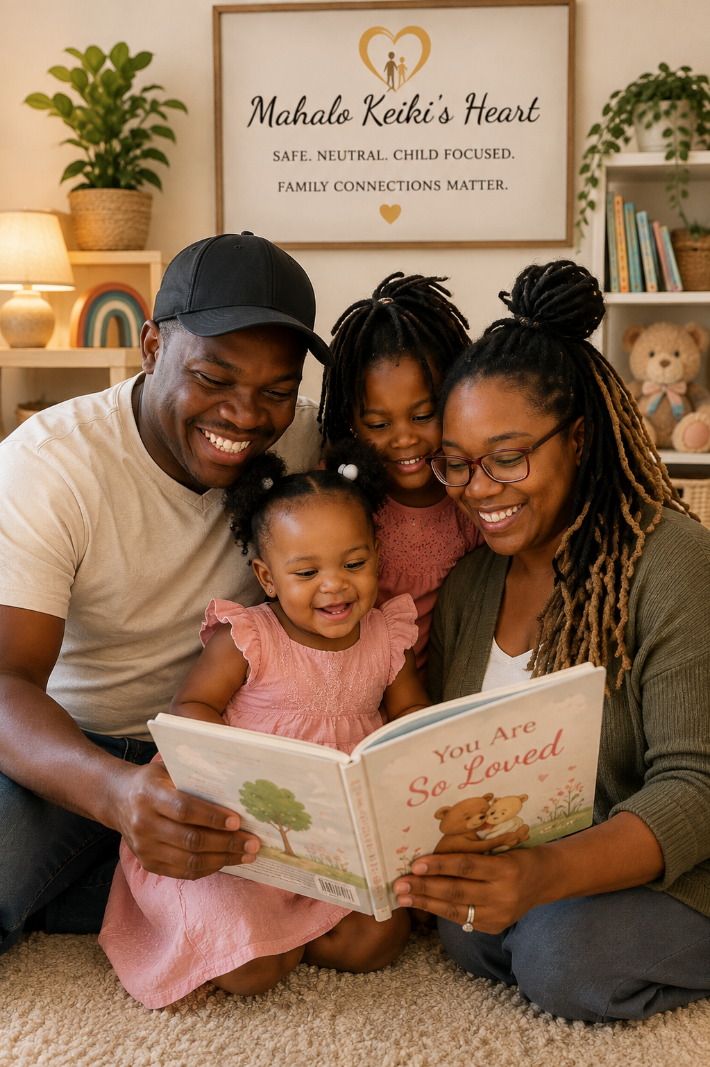 Adult reading with children in a comfortable, child-focused environment.