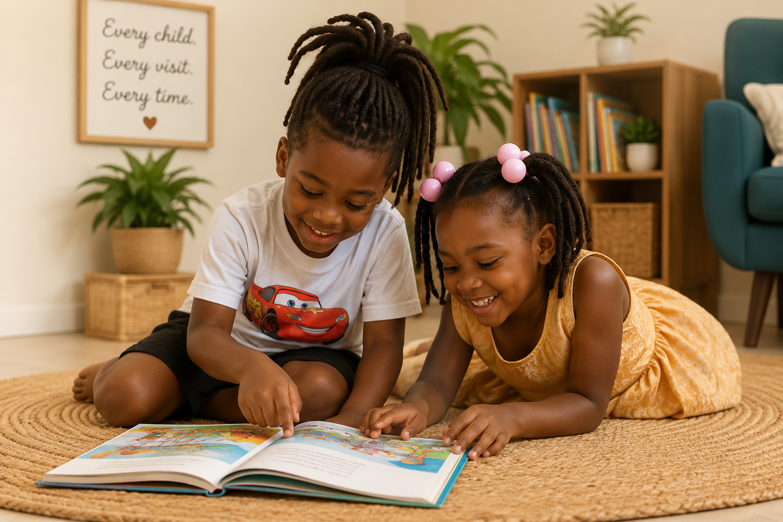 Two children smiling and reading together in a welcoming, child-focused setting.