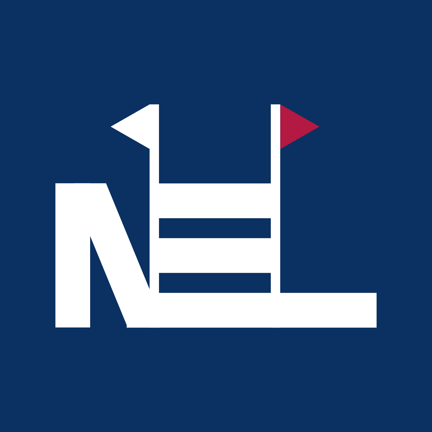 A navy blue square background with a white letter 'N' and a white striped ladder in the center, with a small red triangle pointing to the right at the top of the ladder.
