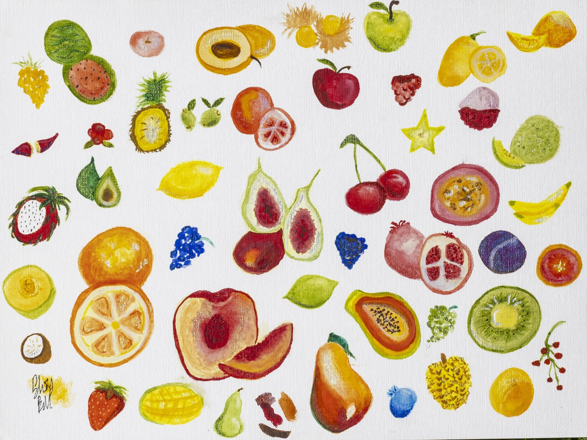 A colorful watercolor painting of various fruits including strawberries, watermelons, pineapples, lemons, oranges, kiwis, pomegranates, cherries, and other assorted fruits arranged randomly.