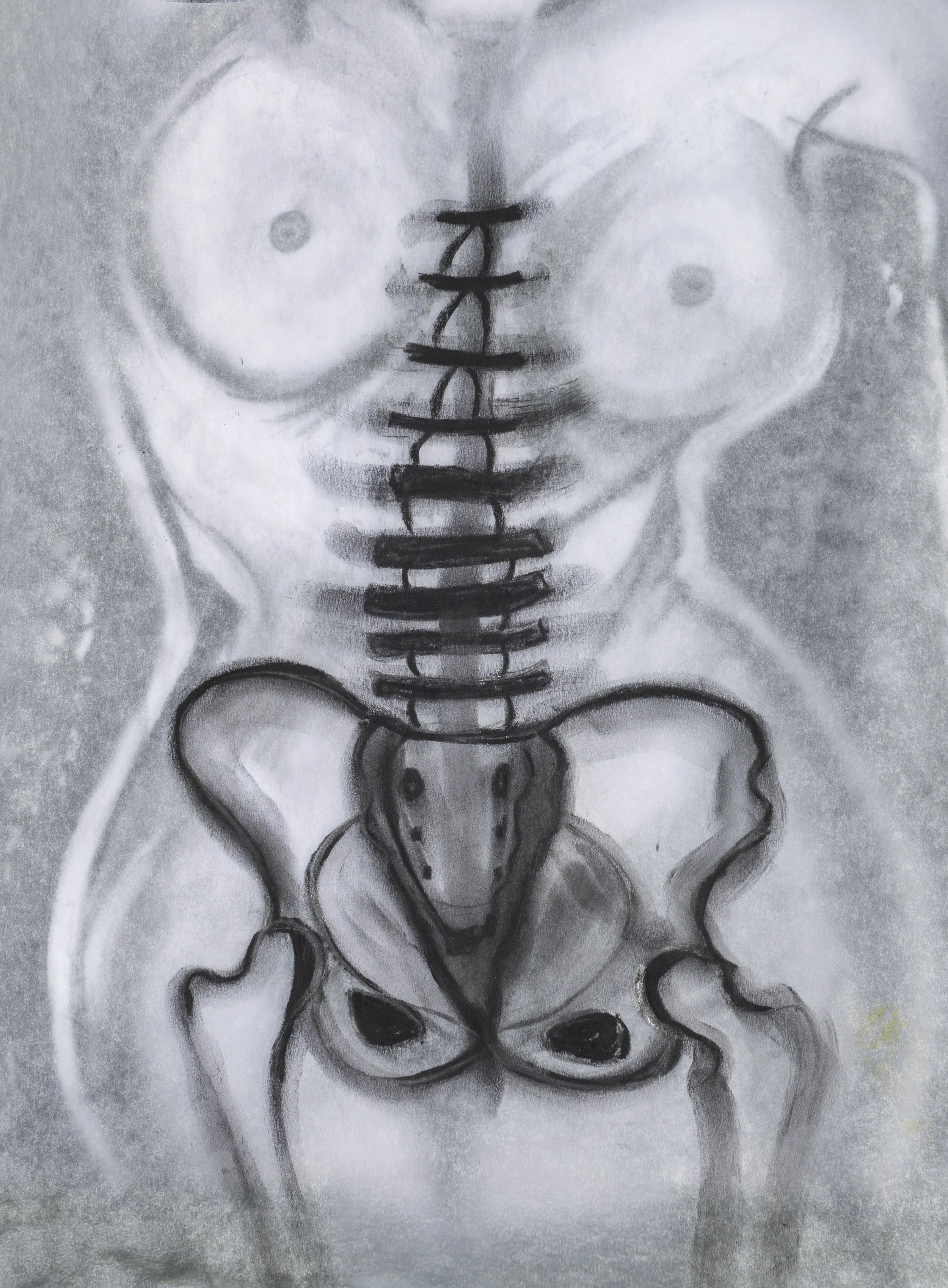 Black and white drawing of a skull with large eye sockets, a nose cavity, and a stylized spine extending from the skull's base.