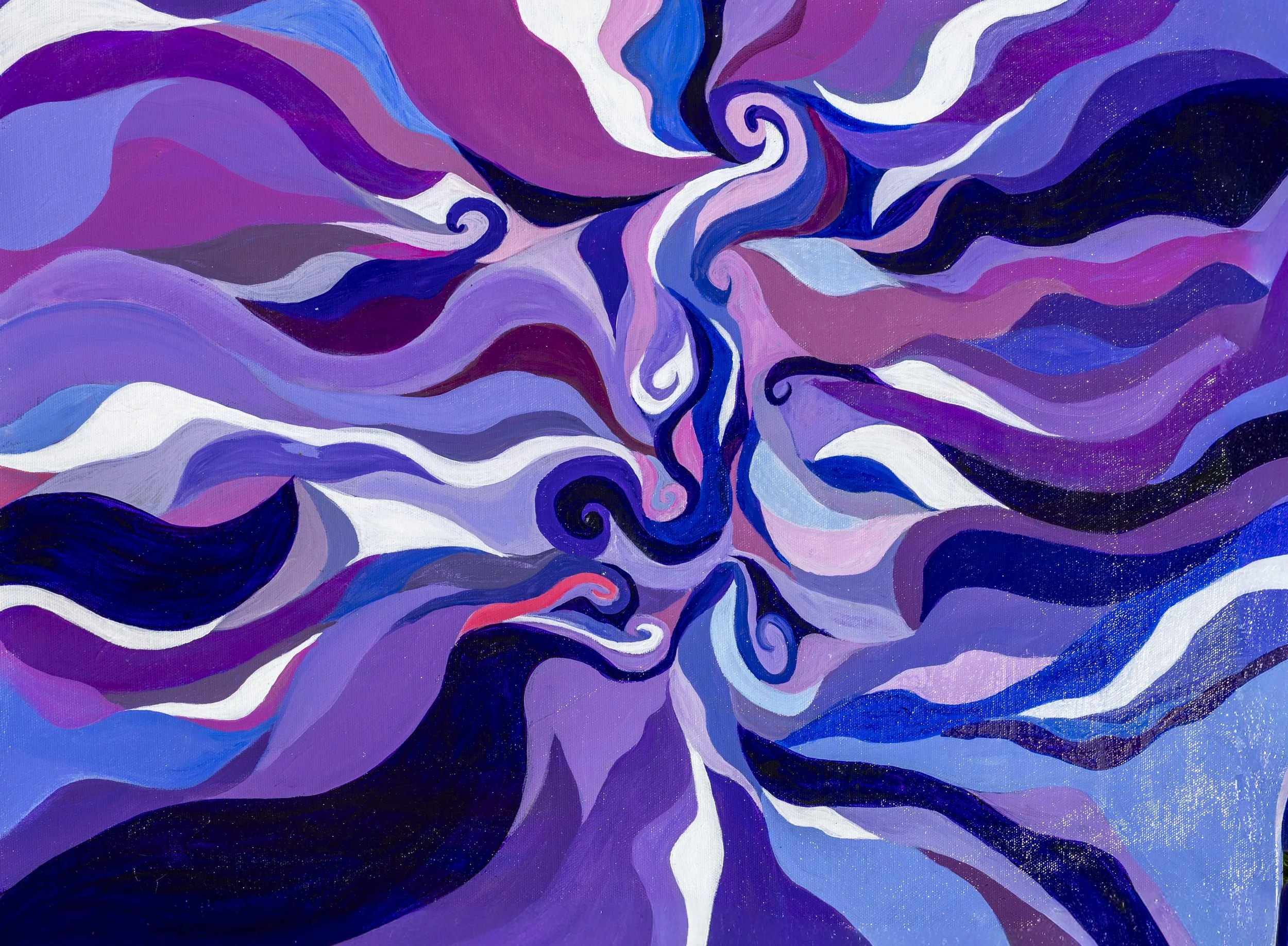 Abstract swirl painting with shades of purple, pink, white, and blue.