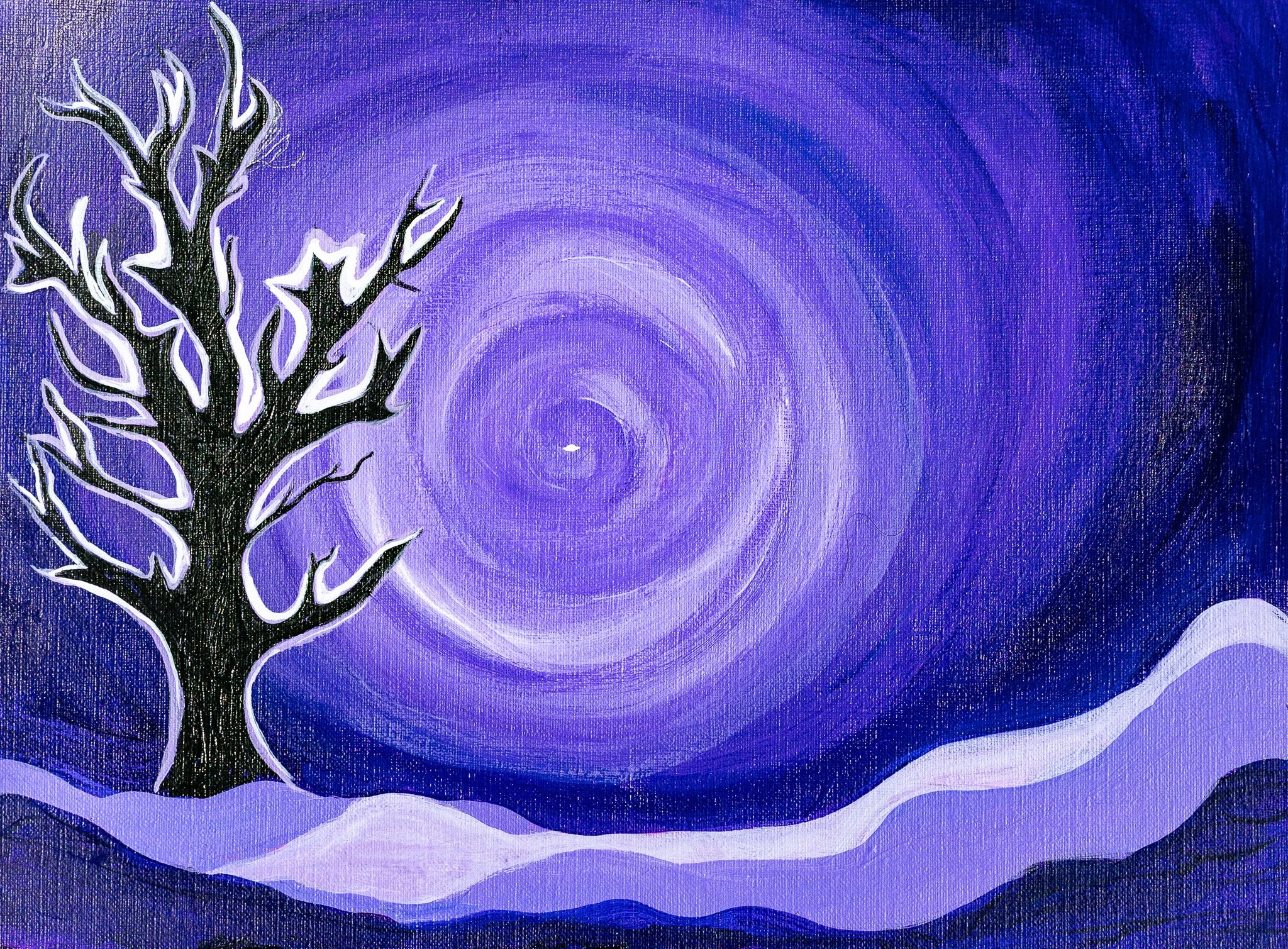 A painting depicting a leafless black tree with white outlines on a swirling purple and blue background.