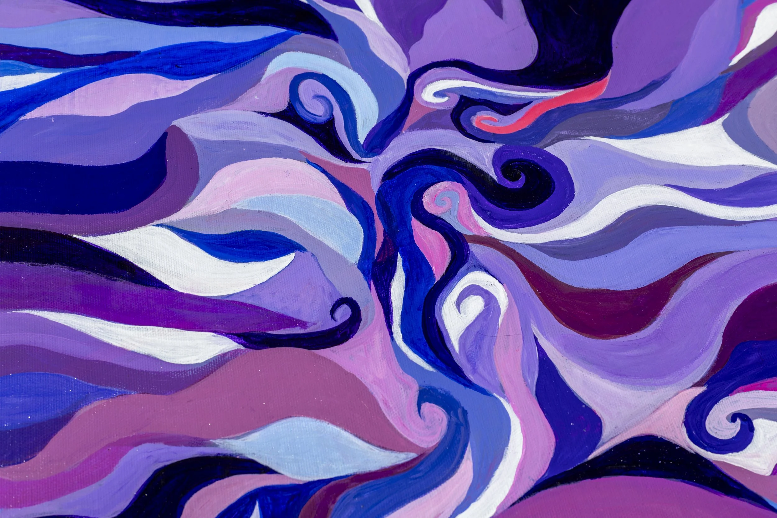 Abstract painting with swirling patterns and shapes in shades of purple, blue, pink, white, and black.