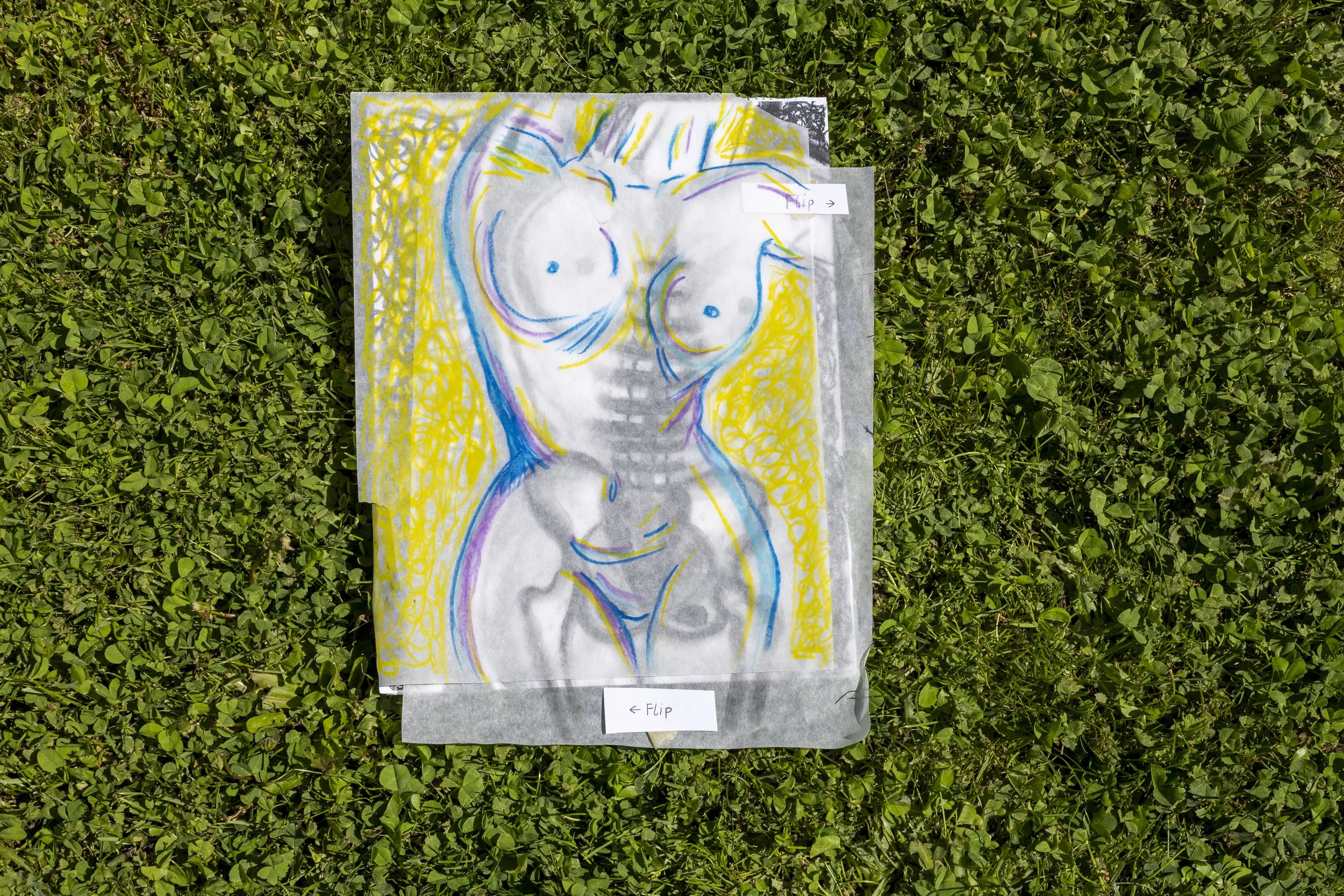A colorful, abstract drawing of a female nude figure, with yellow, blue, purple, and green lines on paper, placed on green grass.