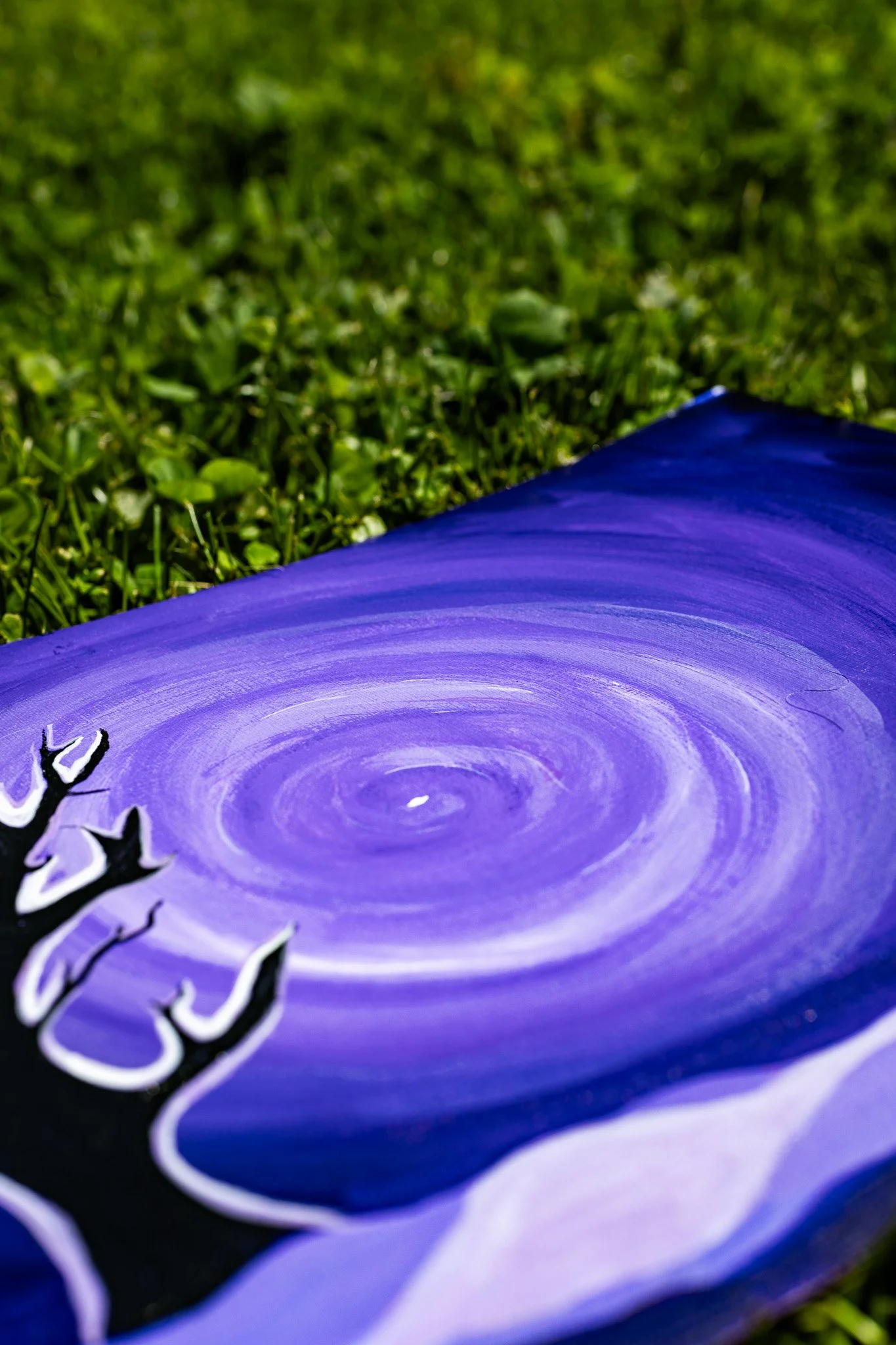 Close-up of a purple and black painted surface with white accents, depicting swirling patterns, against a background of green grass